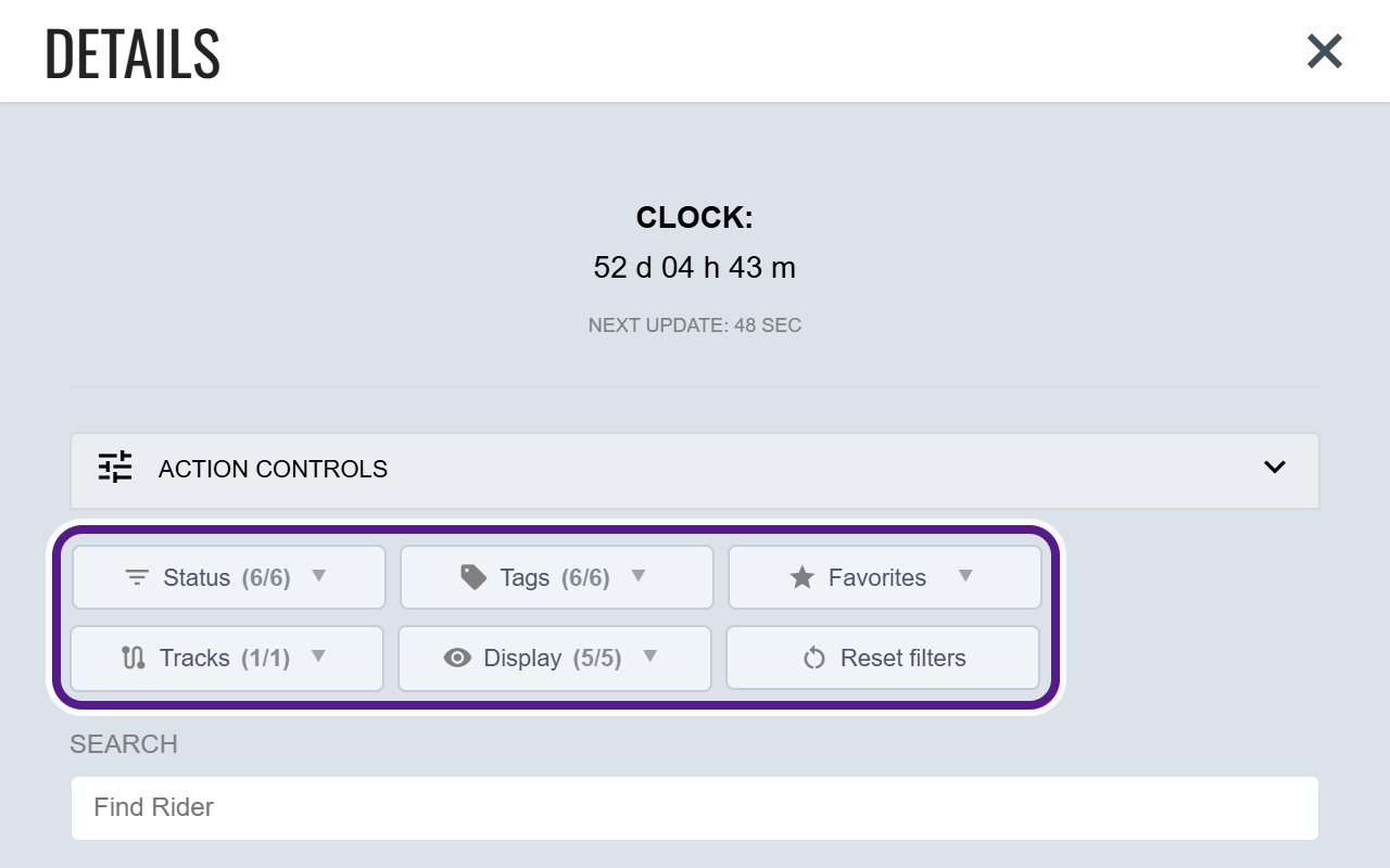 The top of the Details panel on the Badlands 2026 map, with the Status, Tags, Favorites, Tracks, Display and Reset filters buttons circled in purple.