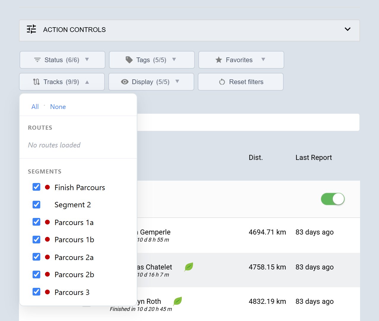The Tracks filter list open, showing No routes loaded under Routes and a list of named segments such as Finish Parcours, Parcours 1a and Parcours 1b, each ticked.