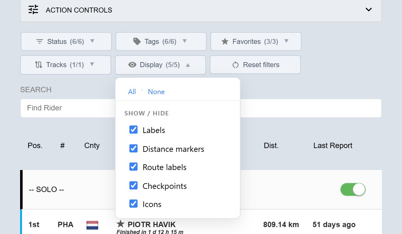 The Display list open, showing ticked options for Labels, Distance markers, Route labels, Checkpoints and Icons.