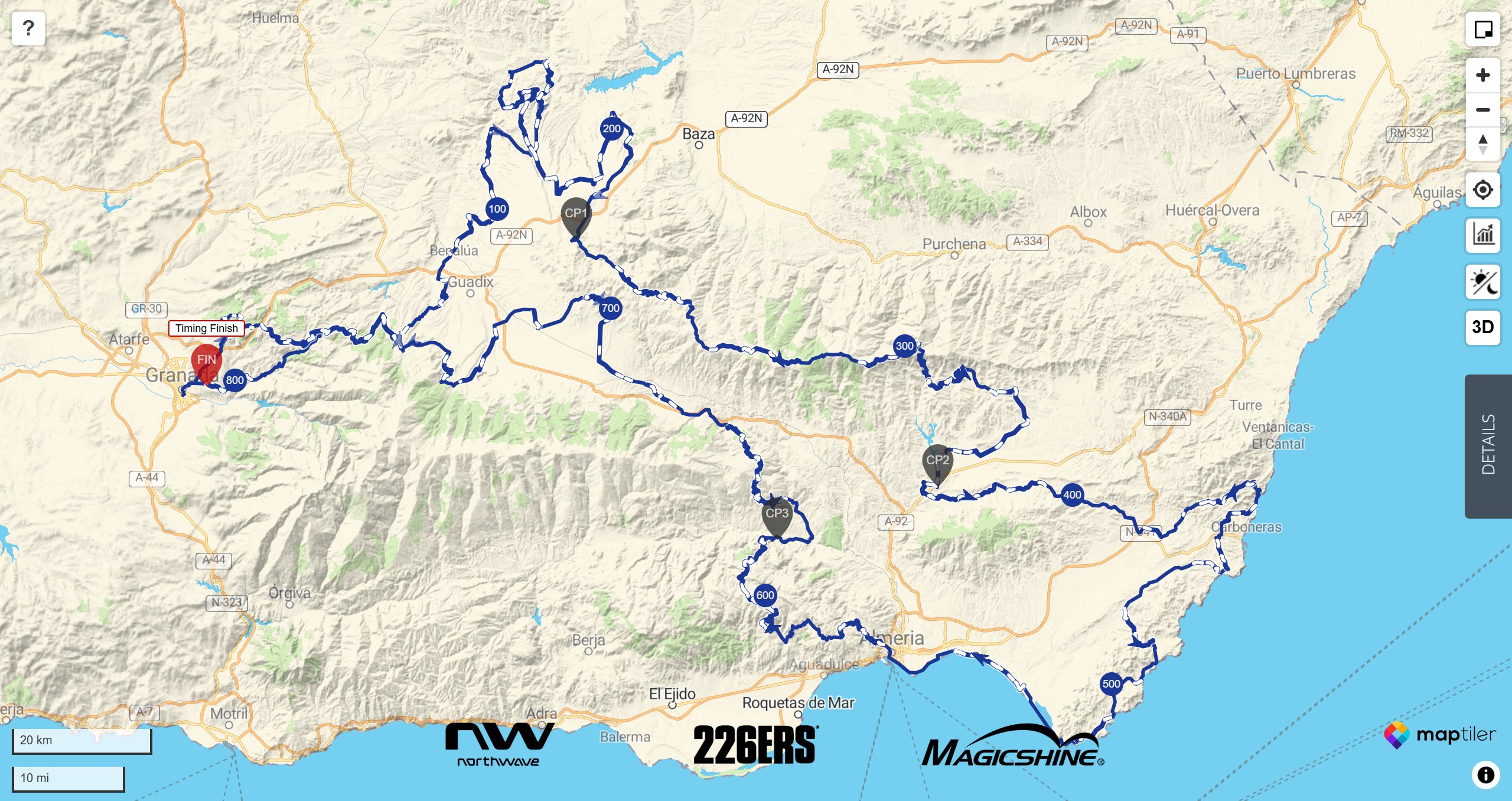 The whole Badlands route in southern Spain drawn in blue, with grey pins labelled CP1, CP2 and CP3 and a red FIN pin near Granada marked Timing Finish.