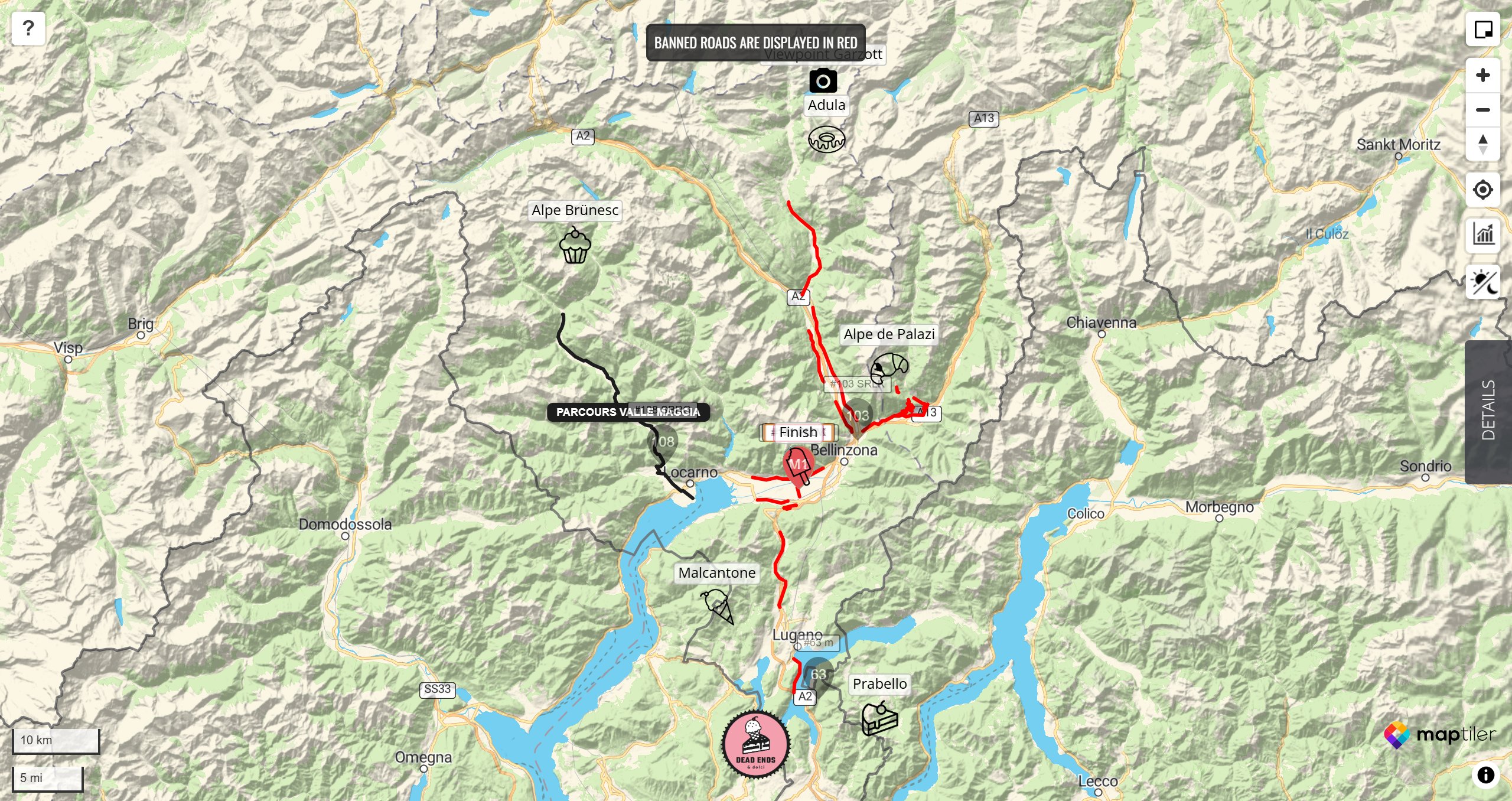 A map of Ticino with custom drawn checkpoint icons labelled Adula, Alpe Brünesc, Alpe de Palazi, Finish, Malcantone and Prabello.