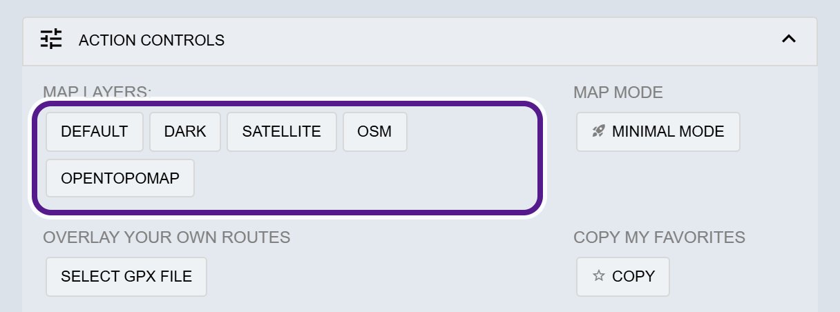 The open Action Controls section with the Map Layers buttons Default, Dark, Satellite, OSM and OpenTopoMap circled in purple.