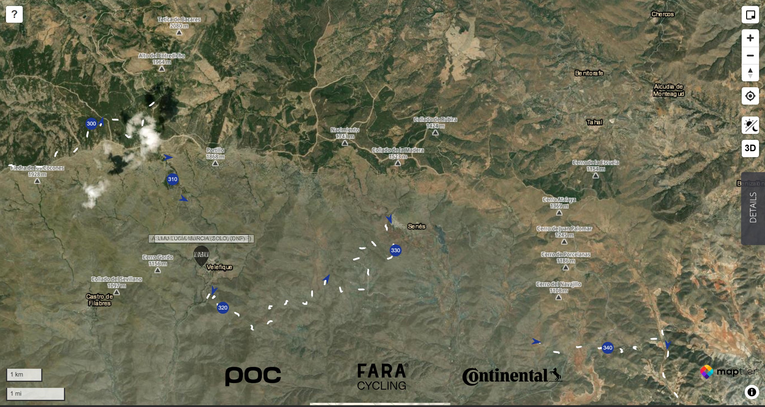 The map in Satellite view, showing aerial imagery of mountains in southern Spain with the route marked by white dashes, direction arrows and distance markers.