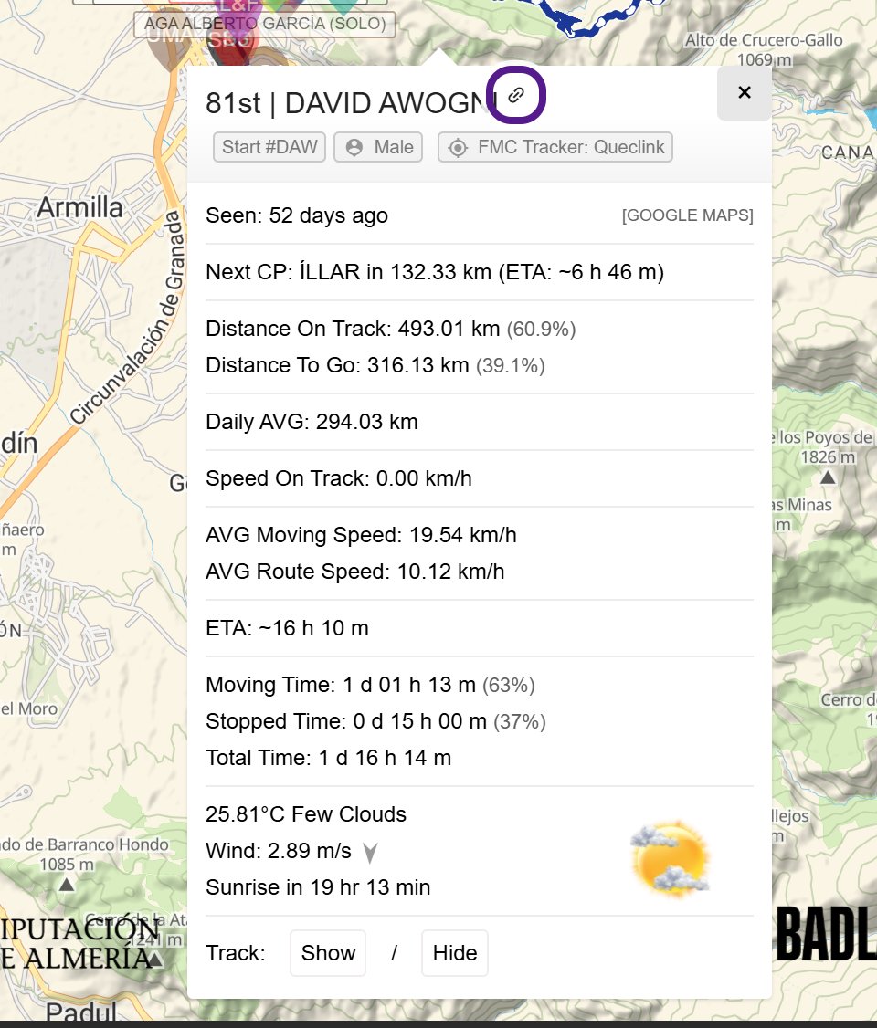 David Awogni's participant pop-up on the map, with the small link icon just after his name circled in purple.