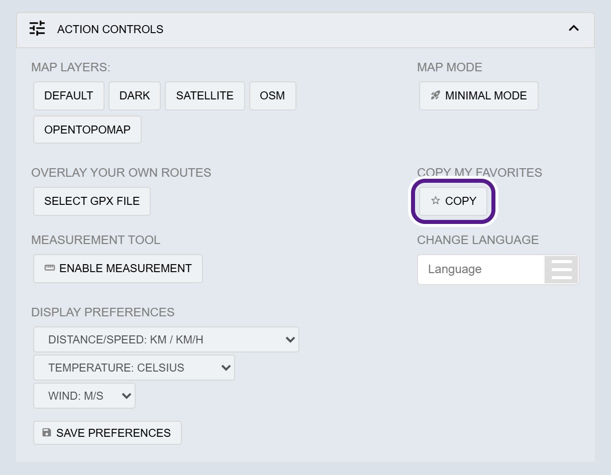 The open Action Controls section with the Copy button under Copy My Favorites circled in purple.