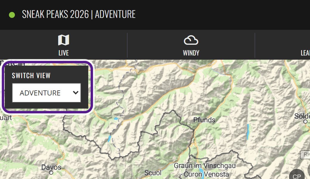 Top-left corner of the Sneak Peaks 2026 map with the SWITCH VIEW dropdown circled in purple.