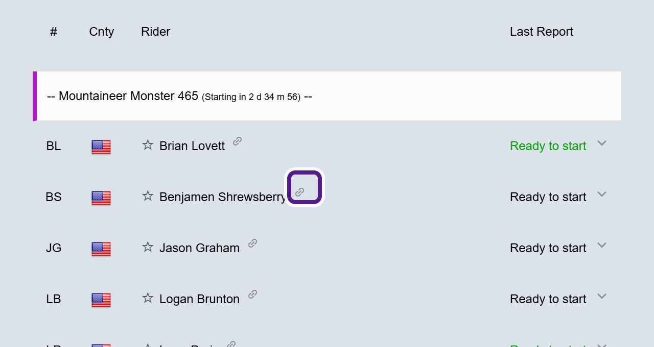 The Details panel participant list before the start of Mountaineer Monster 2026, with the small link icon after a participant name circled in purple.
