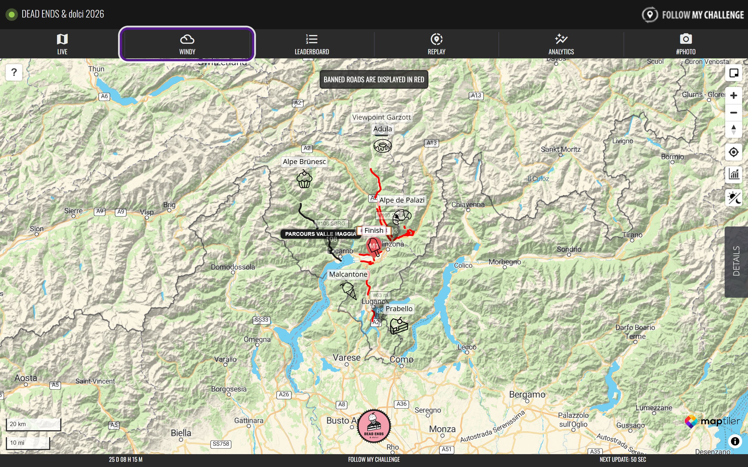 The Dead Ends & dolci 2026 live map on the Live tab, with the Windy tab in the top menu bar circled in purple.