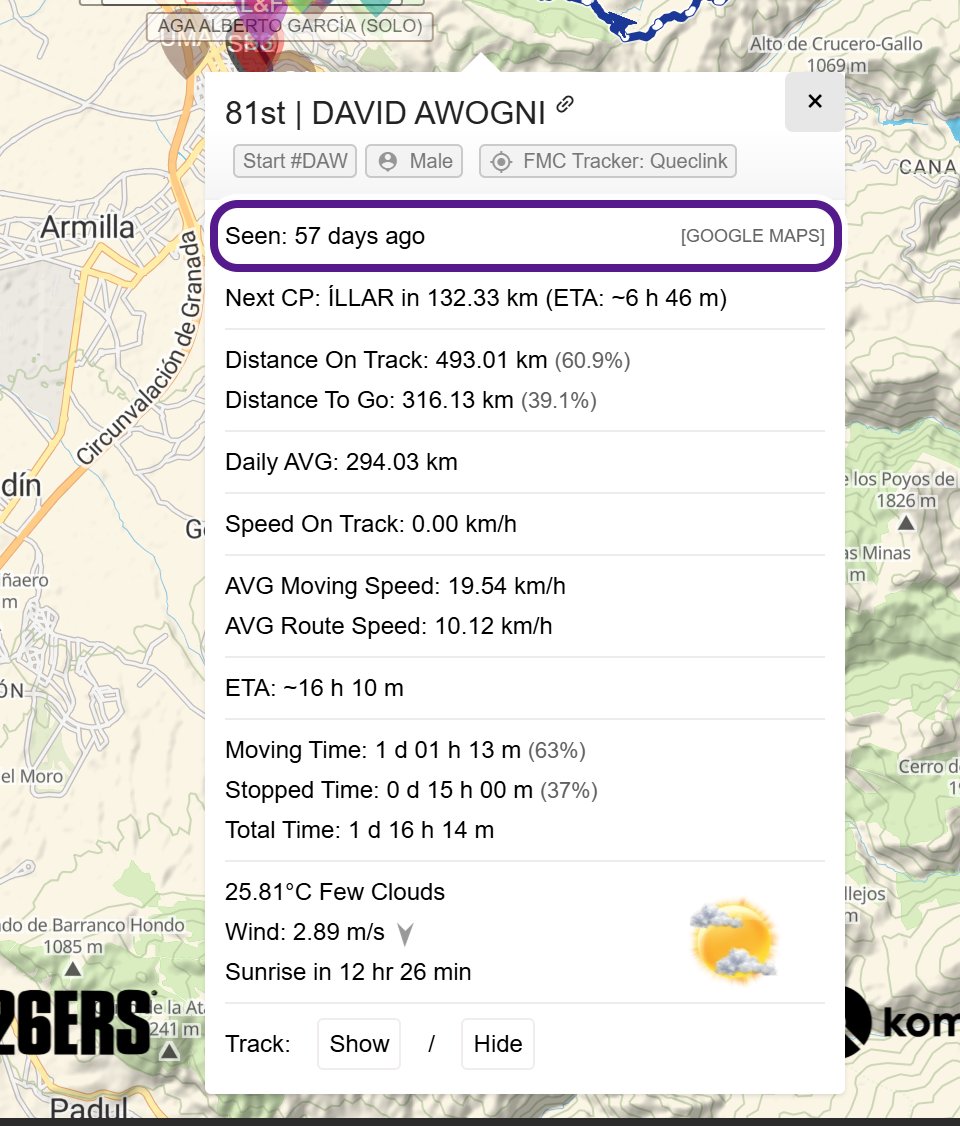 A participant's pop-up on the Badlands 2026 map, with the line Seen: 57 days ago circled in purple near the top.
