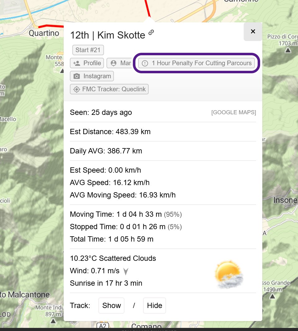 A participant pop-up on DED26 with a tag reading 1 Hour Penalty For Cutting Parcours, with a warning icon, circled in purple among the other tags.
