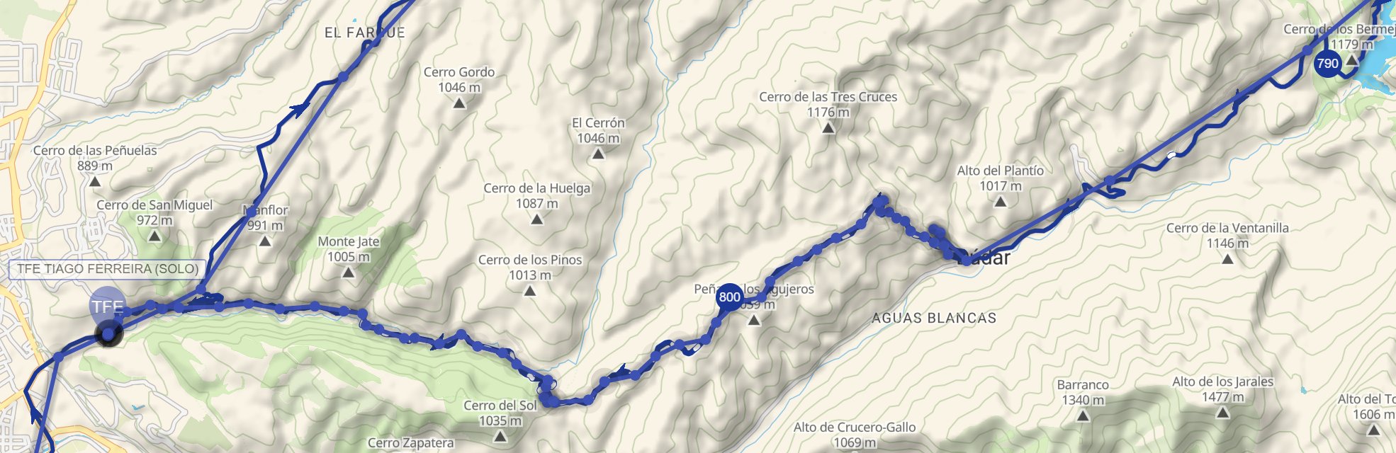 A finisher's track on the Badlands 2026 map, running from the 790 km marker on the right to the finish on the left. The position points are far apart on the right and close together over the last stretch to the finish.