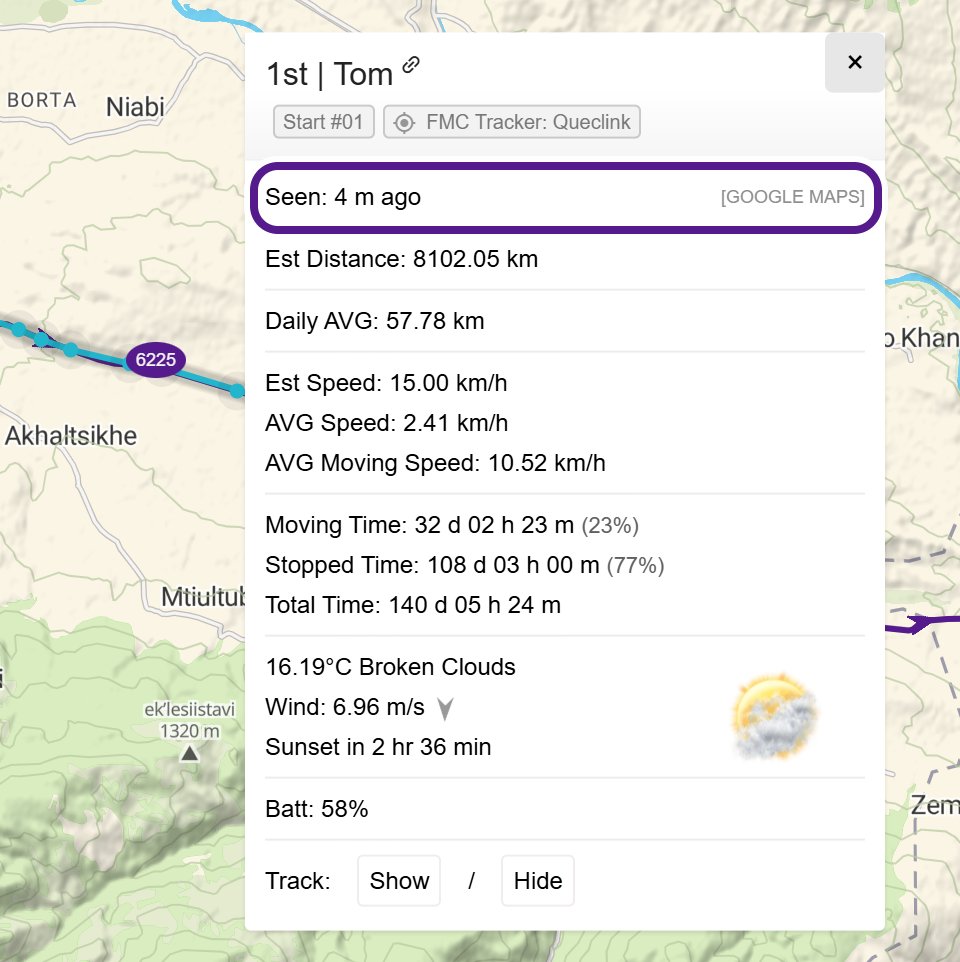 A participant's pop-up on the Ride Beyond Limits map, showing FMC Tracker: Queclink under the name, and the line Seen: 4 m ago circled in purple.