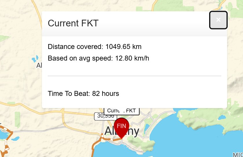 The ghost dot pop-up on the Munda Biddi FKT 2026 map, titled Current FKT, showing Distance covered: 1049.65 km, Based on avg speed: 12.80 km/h and Time To Beat: 82 hours, above the finish in Albany.