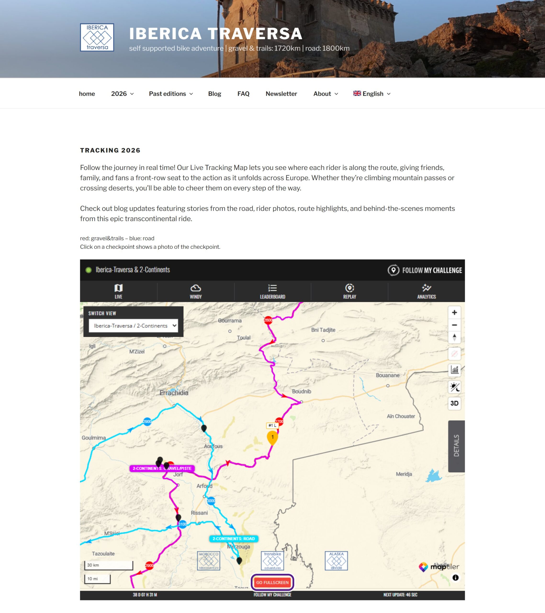 The Tracking 2026 page on the Iberica Traversa website, with the site header, menu and a few paragraphs of text above the embedded Follow My Challenge live map. The red GO FULLSCREEN button at the bottom centre of the map is circled in purple.