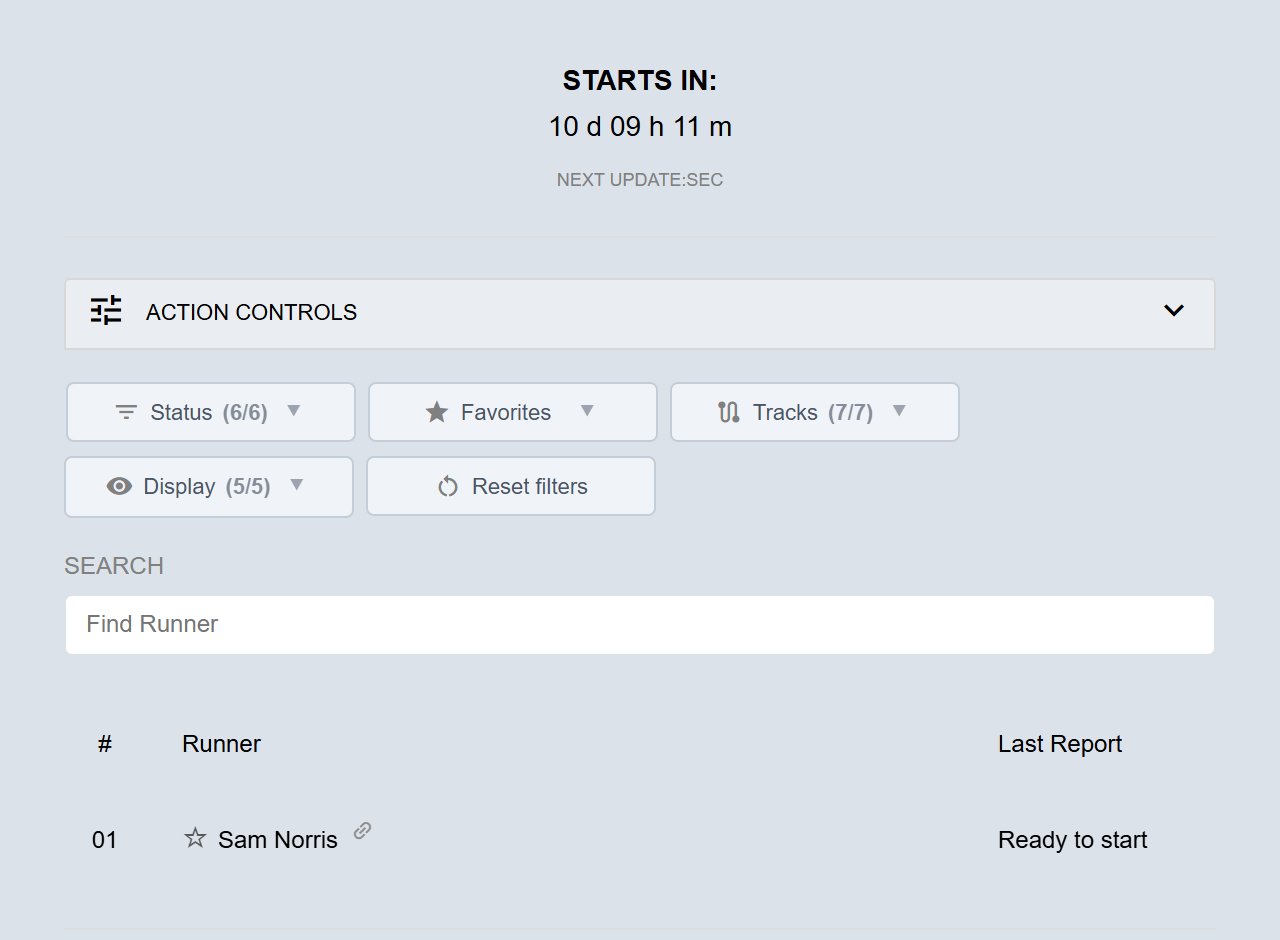The Details panel on The Long Road: Osaka to Tokyo before the start, with STARTS IN: 10 d 09 h 11 m at the top, the filter buttons and search box, and one participant with a link icon after their name and Ready to start under Last Report.