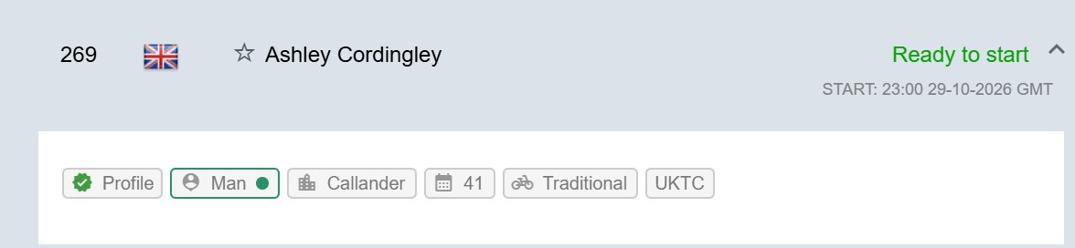 A participant's row opened in the Details panel before the start, showing a line of tags beneath it, such as Profile, Callander and Traditional.